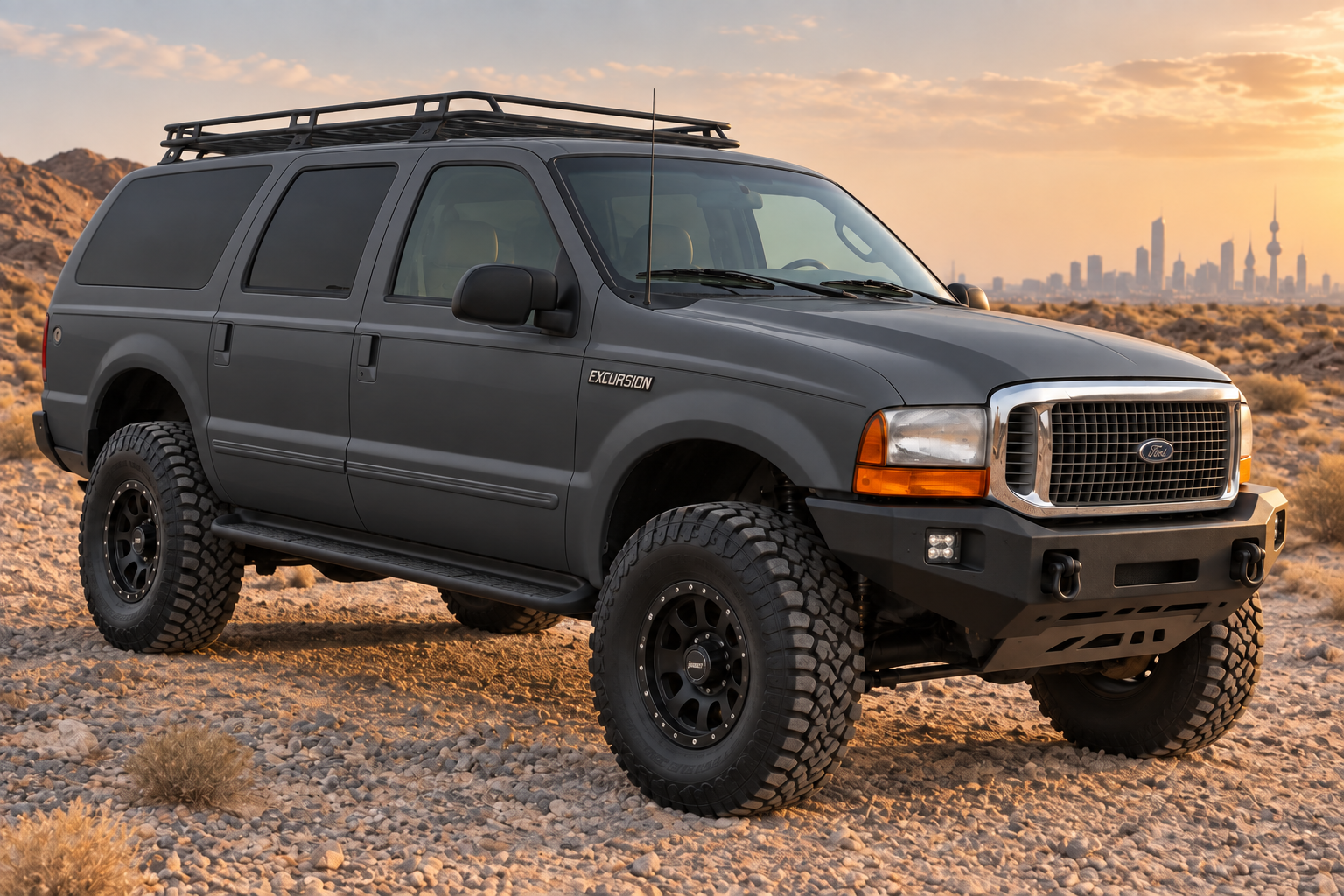 Illustrative matte graphite gray Ford Excursion off-road build with lifted suspension, all-terrain tires and black wheels in a desert setting